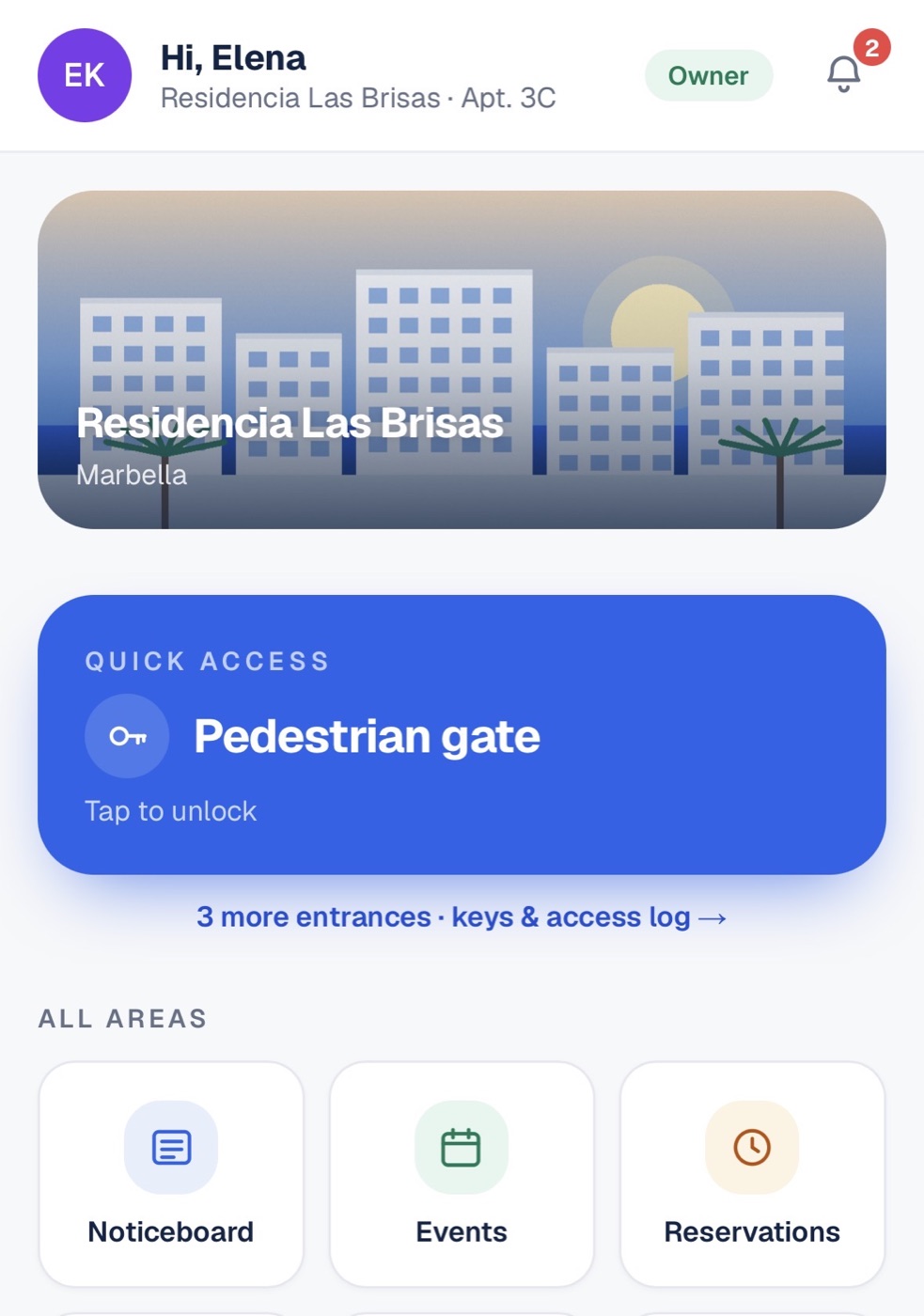 Comunidu home screen with quick gate access and all areas of the community