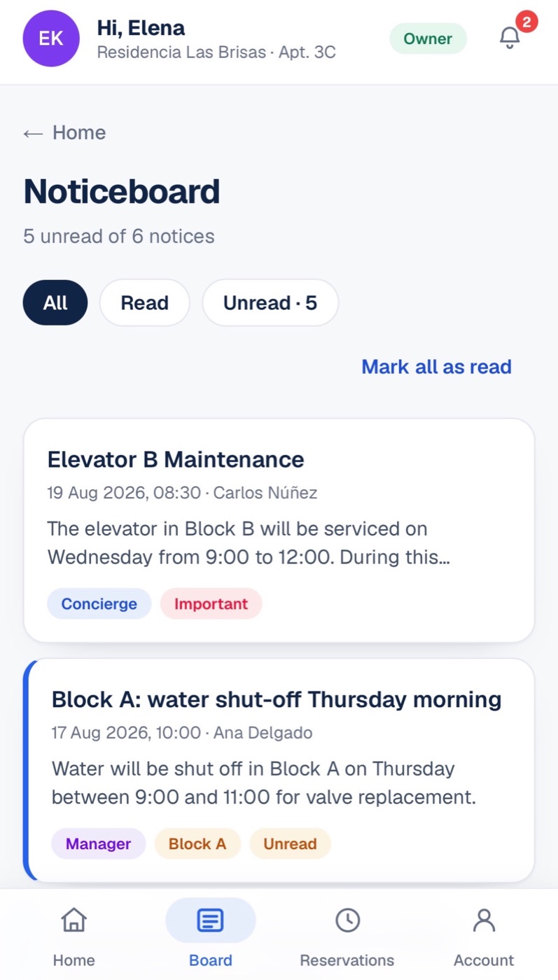 Noticeboard with unread notices